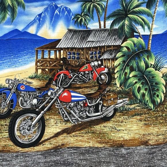 Vintage KY's Hawaiian Shirt Men's L‎ Motorcycle Ocean Mountain Beach Hut Scene - Picture 7 of 15